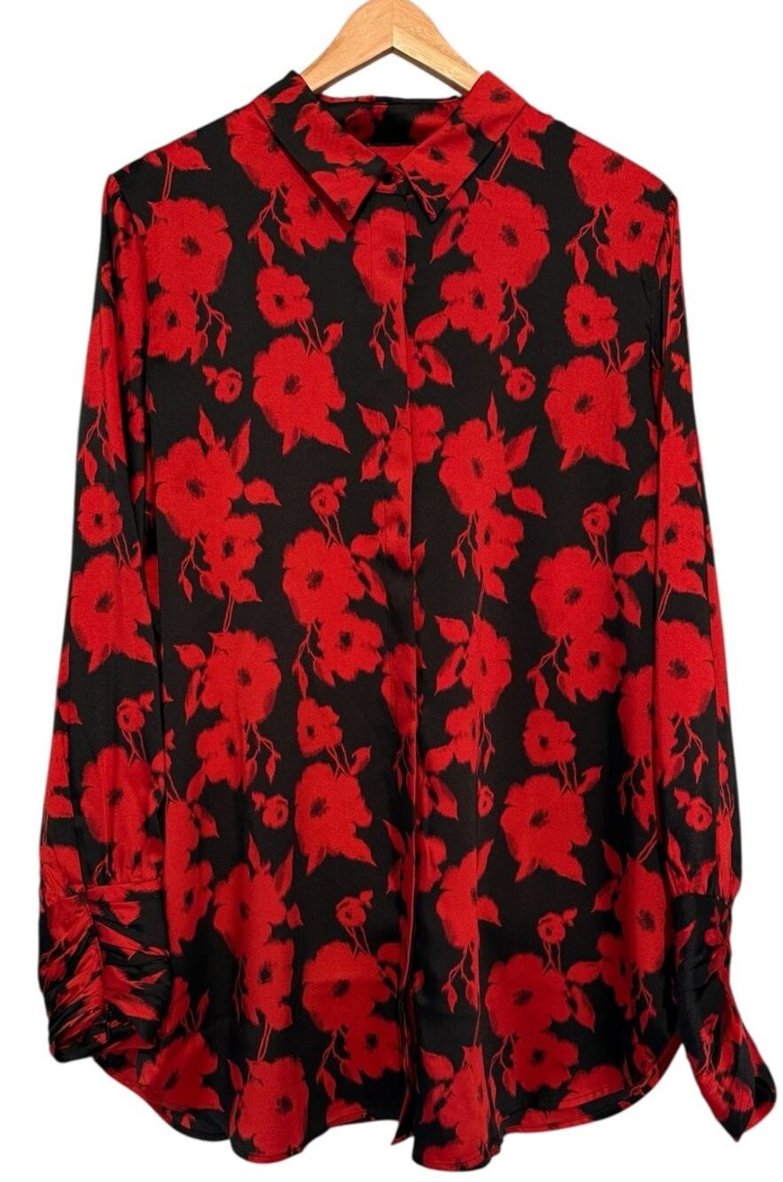 Chico's Sz L Button Down Shirt Floral Feminine Florence Mirage Red Black Classic